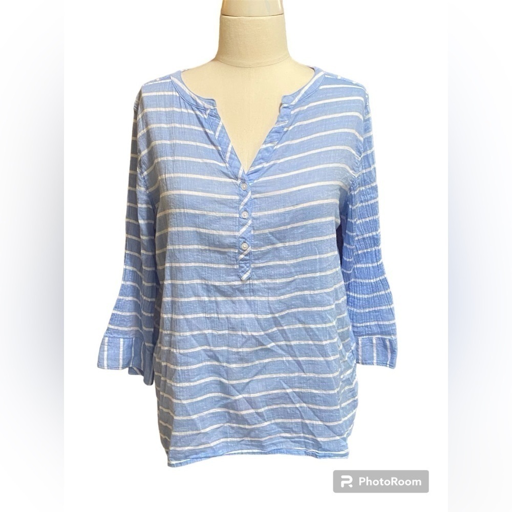 St. John's Bay Blue & White Striped Henley Lightweight Top Size M